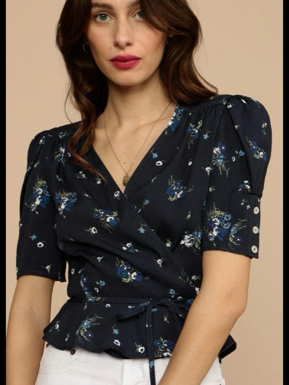 Rouje Dita Floral Wrap Top in Navy